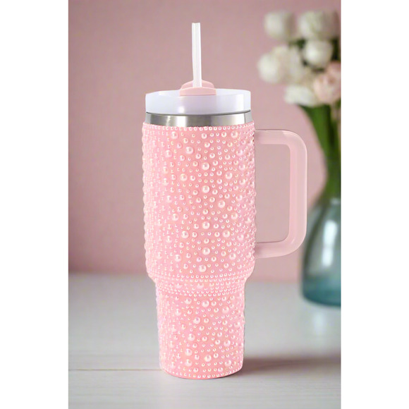 40 oz Pink Pearl Studded Stainless Steel Tumbler with Handle - Picture 1 of 4